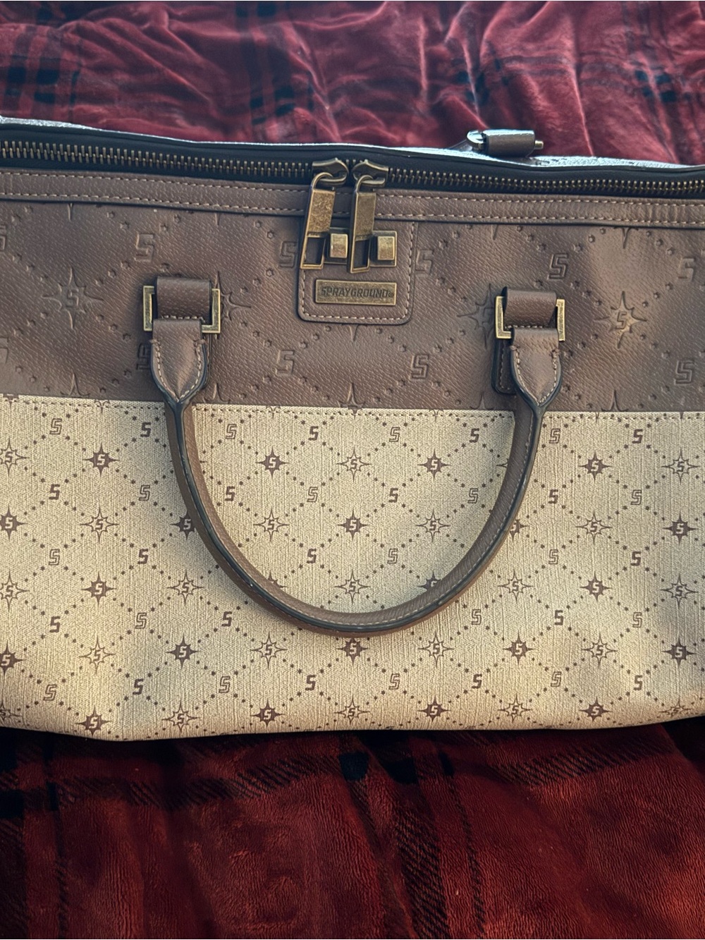 Sprayground Beige and Brown Monogram Travel Tote